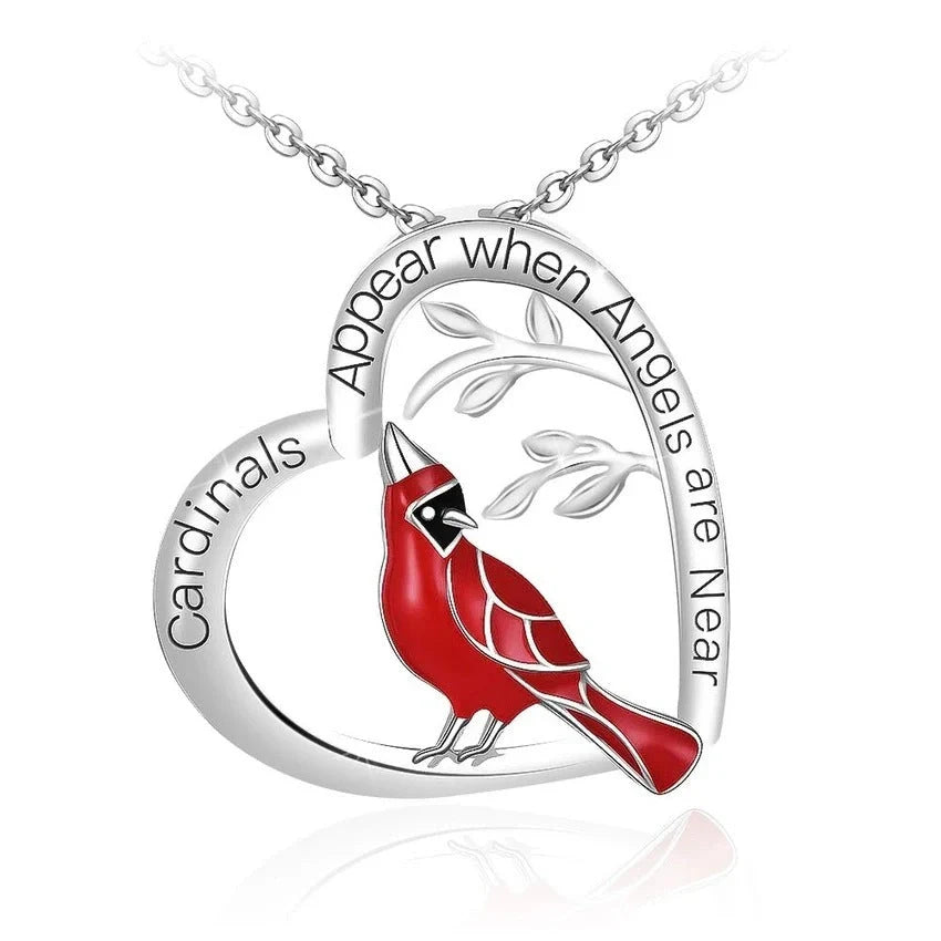 Heart-shaped cardinal pendant necklace in silver, unisex animal model jewellery