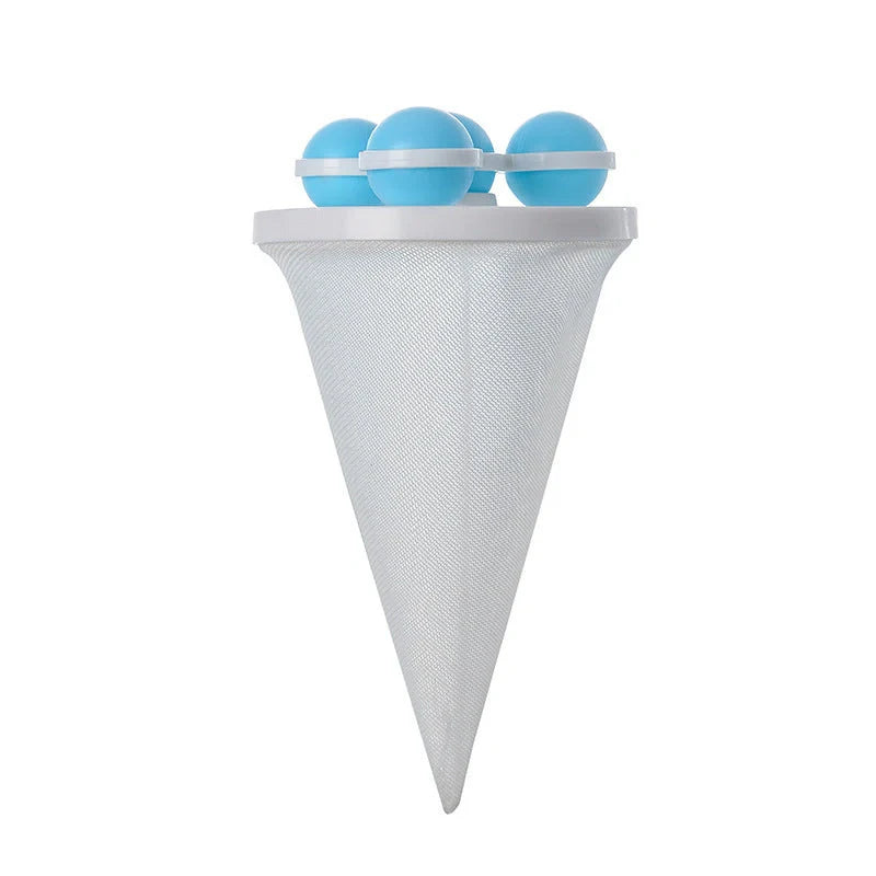 Gyroscopic Washing Machine Filter Pouch in purple, blue, and pink for lint and hair removal