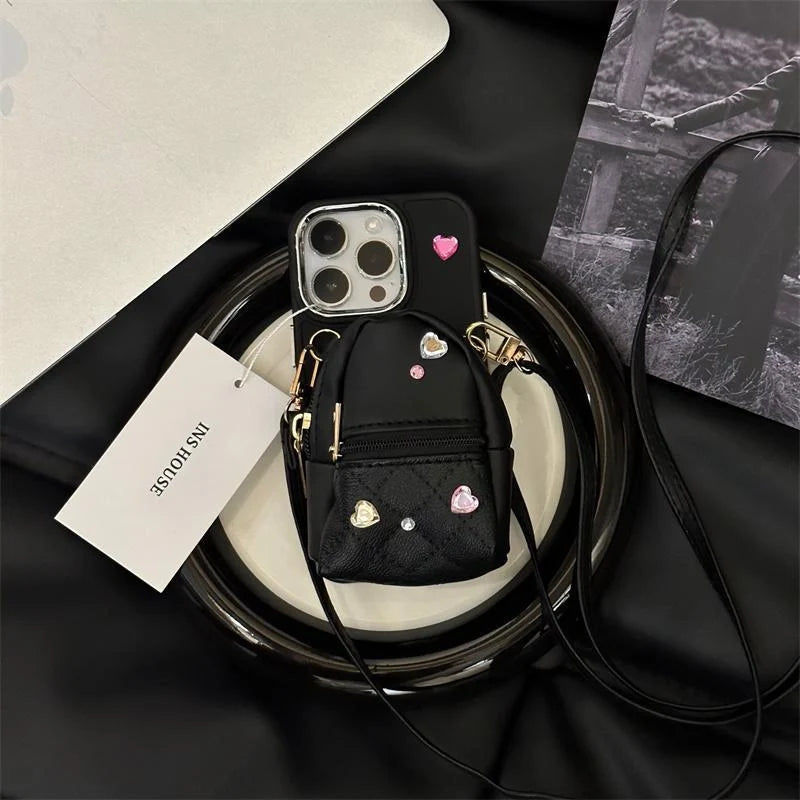 Crossbody wallet phone case for ApplePhone in white, black, or pink with removable shoulder strap
