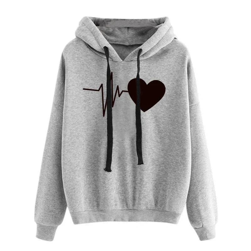 Women's heart print streetwear hoodie in various colours and sizes