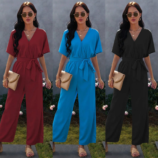 Women's V-neck tie waist jumpsuit in solid colours for summer wear