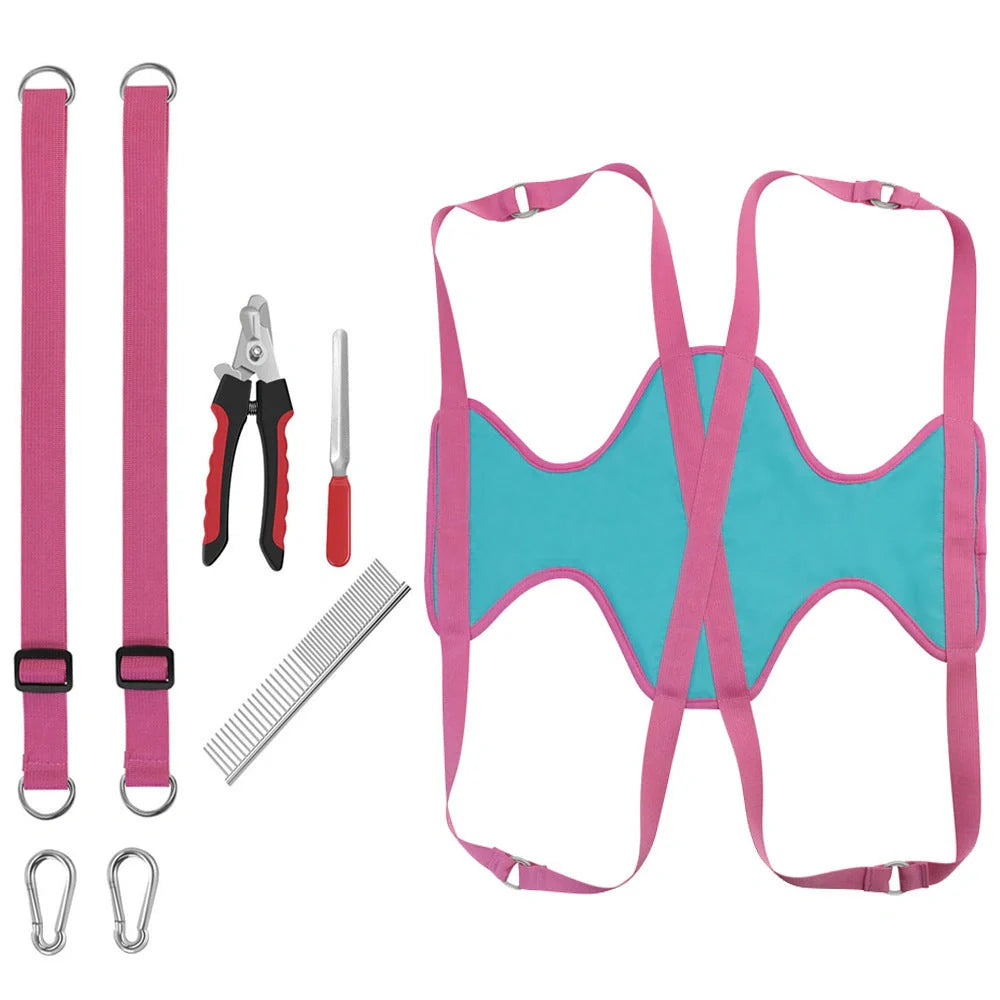 Pet grooming hammock for cats and dogs with nail clippers set, available in blue, blue + rose red, and grey
