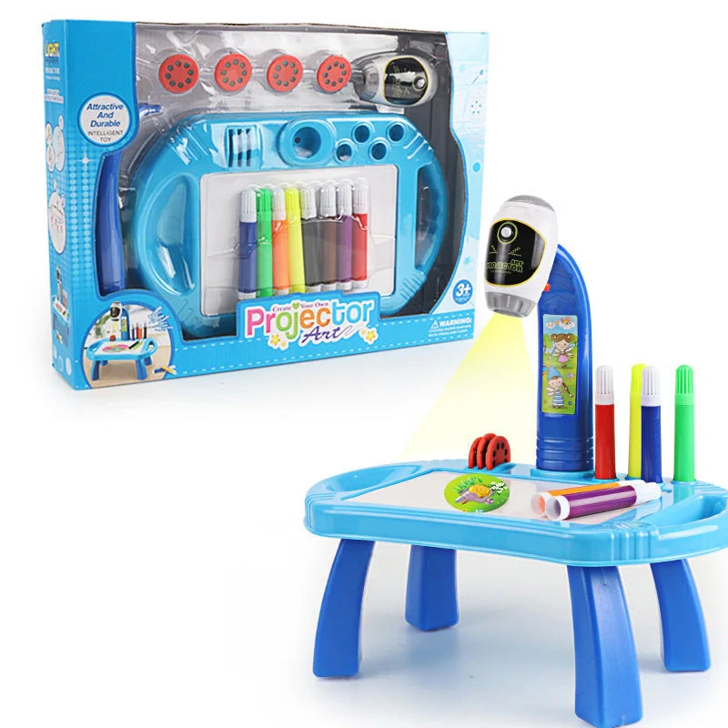 Smart projection painting toy for children, available in pink, black, and blue