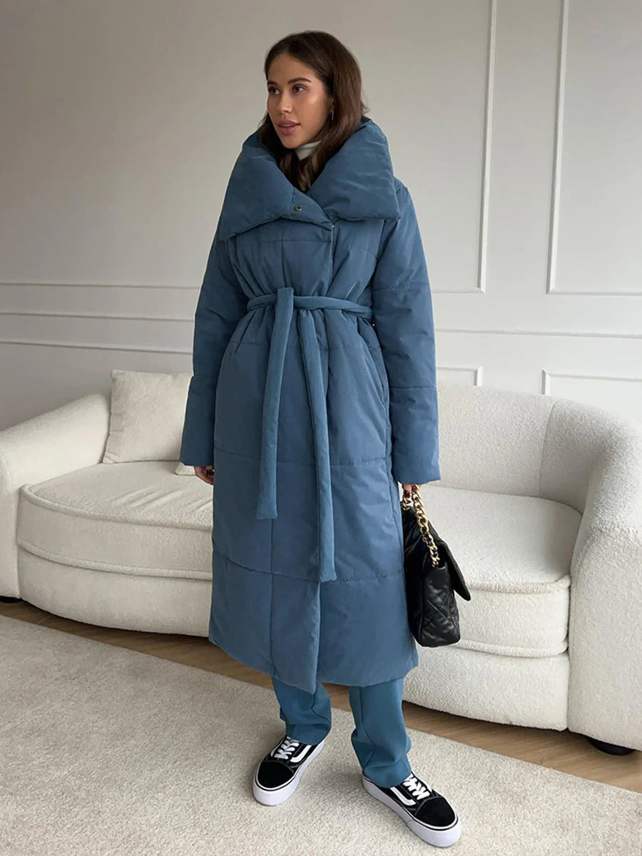 Women's winter warm cotton jacket with large lapel and lace-up design in various colours