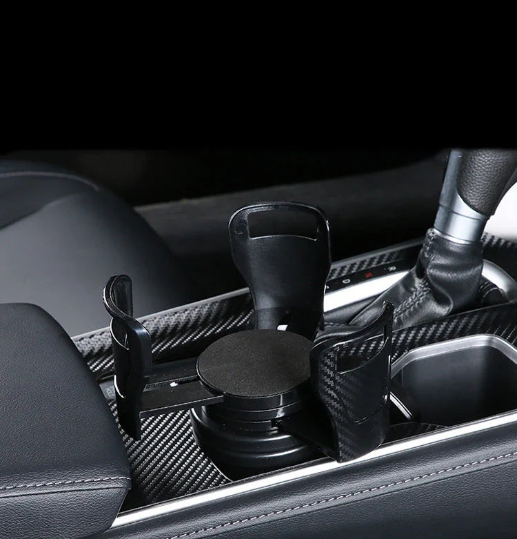 Stylish car cup holder with 360-degree rotation, carbon fibre-inspired design, and secure, non-slip storage for drinks, phones, and other essentials