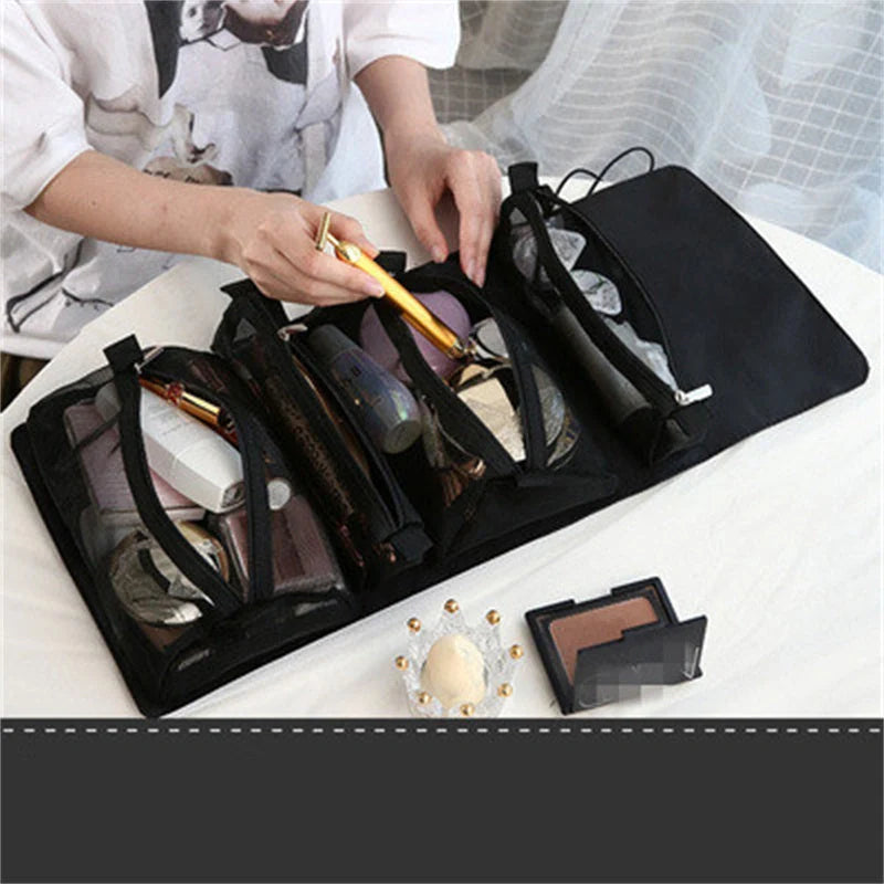 4-in-1 detachable cosmetic bag in green, pink, or black with waterproof material