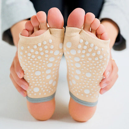Premium non-slip yoga socks for women featuring split-toe design, jacquard knitting, and breathable combed cotton construction