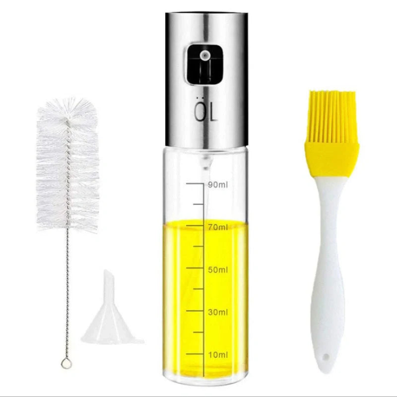 Stainless steel kitchen oil spray bottle with ergonomic button and glass body