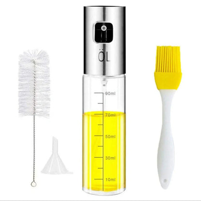 Stainless steel kitchen oil spray bottle with ergonomic button and glass body