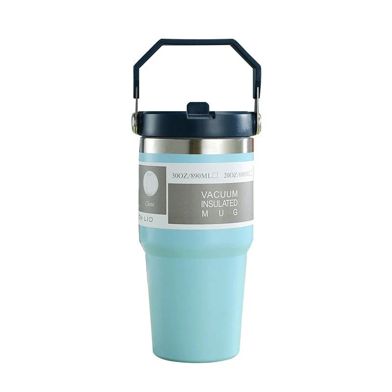 Stainless steel insulated tumbler with handle, available in multiple colors and sizes, designed to keep drinks hot or cold for hours.