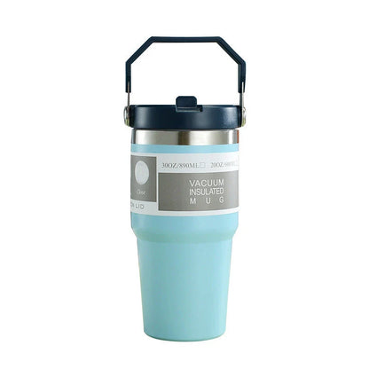 Stainless steel insulated tumbler with handle, available in multiple colors and sizes, designed to keep drinks hot or cold for hours.