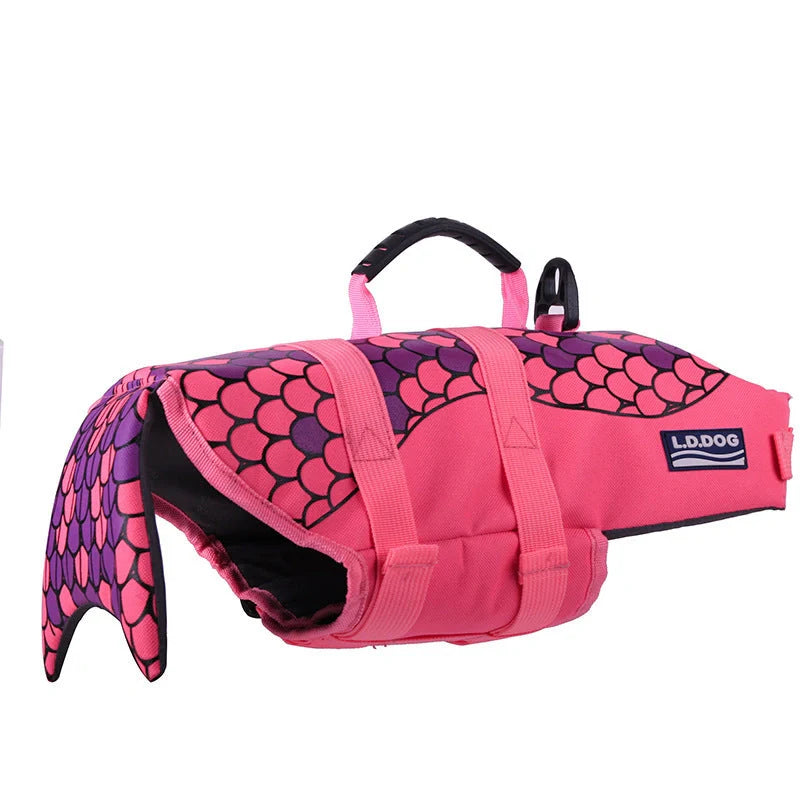Adjustable mermaid shark design dog life vest for safe swimming, sizes XS to XL