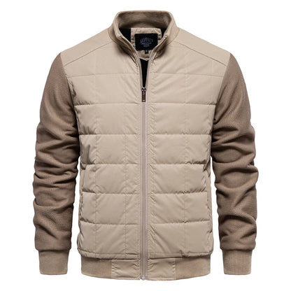 Stylish men's winter jacket with unique stitching design, stand collar, and variety of classic colours