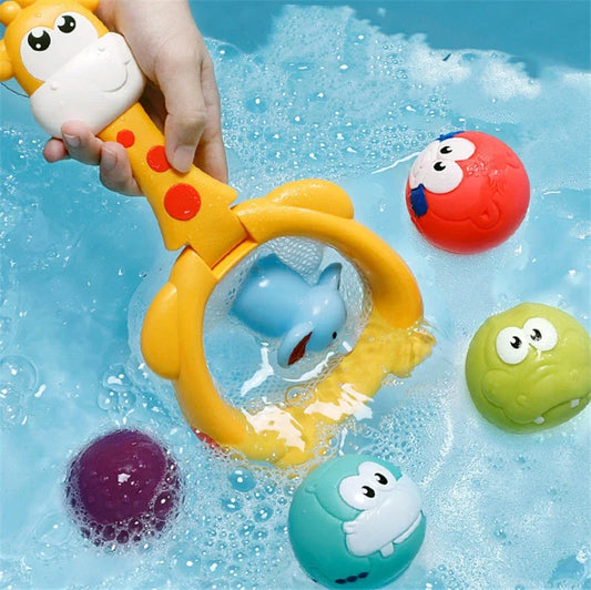 Colourful bath toys including a basketball hoop, fishing rods, and water-squirting animals for engaging bathtime play