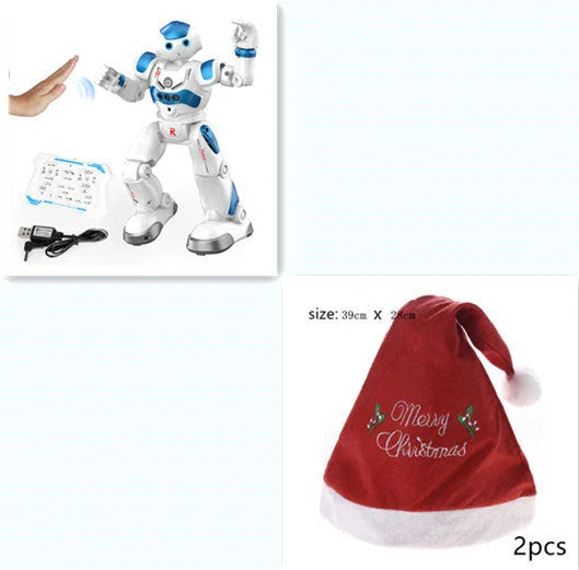 Remote-controlled dancing robot toy with gesture-sensing controls, preprogrammed songs and dances, and customizable programming capabilities