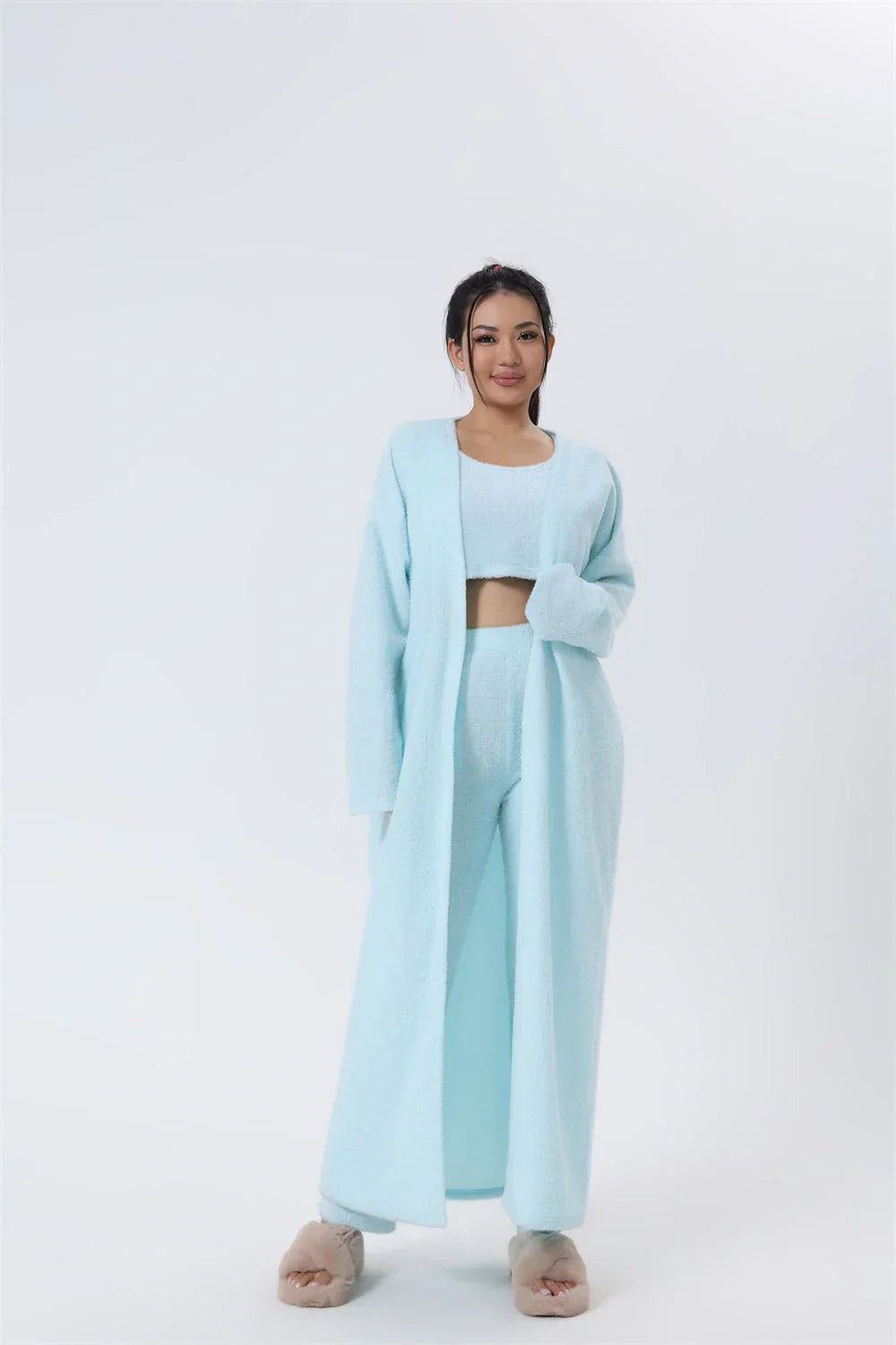 Cozy 3-Piece Lounge Set in soft, fluffy cotton-polyester blend with cropped top, wide-leg pants, and matching cardigan in various pastel colors