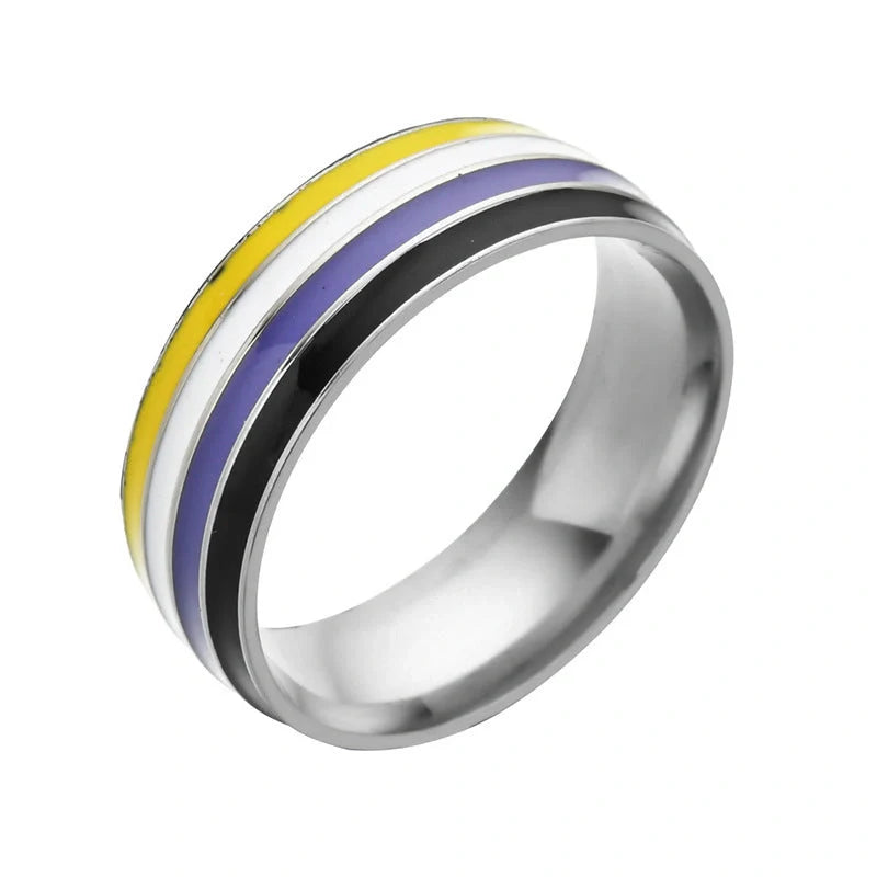 Stylish bisexual pride stainless steel ring with a bold, geometric design in vibrant colours
