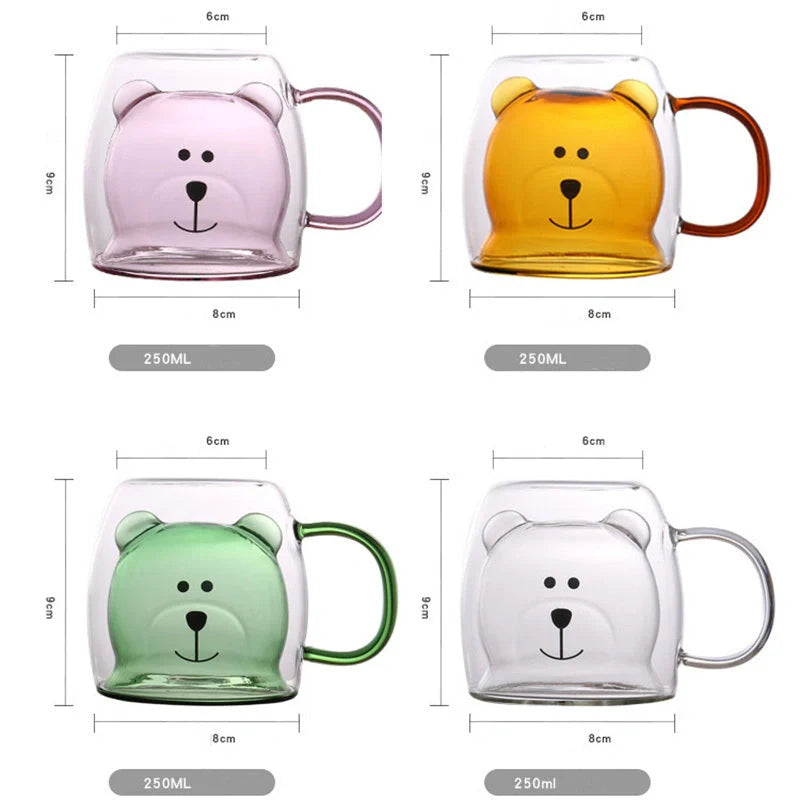 Creative Bear Double Coffee Milk Glass in pink, amber, transparent, and lake green colours