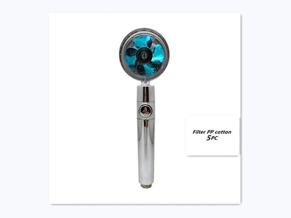 A high-pressure shower head with a stop button, cotton filter, and powerful water pressure for a luxurious bathing experience.