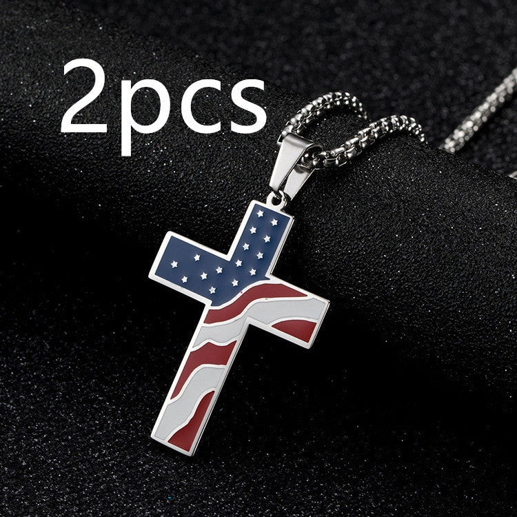 Stainless steel flag cross necklace for men, geometric design, polished finish.