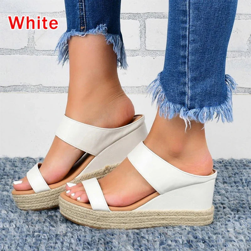 Lady's sandals with a high wedge heel and a twine design, featuring a blend of European and American fashion influences