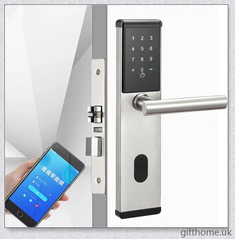 App Smart Lock with stainless steel construction, remote access, and smartphone control for secure home entry