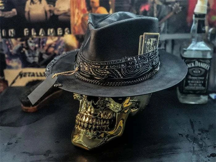 Handmade plush cowboy hat with a striking skull design, perfect for festivals, concerts, and casual wear.