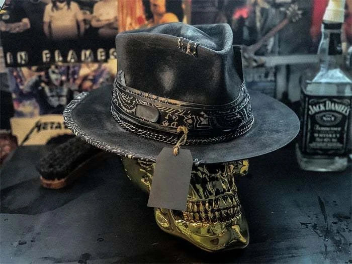 Handmade plush cowboy hat with a striking skull design, perfect for festivals, concerts, and casual wear.