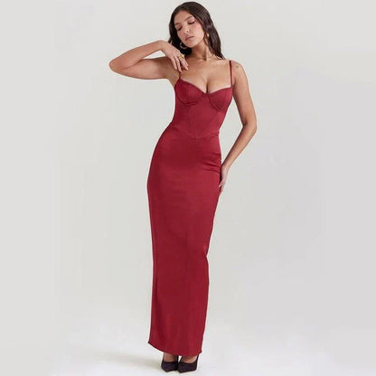 Elegant satin backless bodycon maxi dress in a sleek sheath silhouette with a natural waistline and ankle-length cut