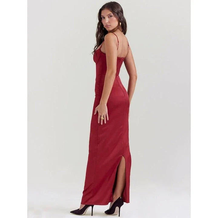 Elegant satin backless bodycon maxi dress in a sleek sheath silhouette with a natural waistline and ankle-length cut