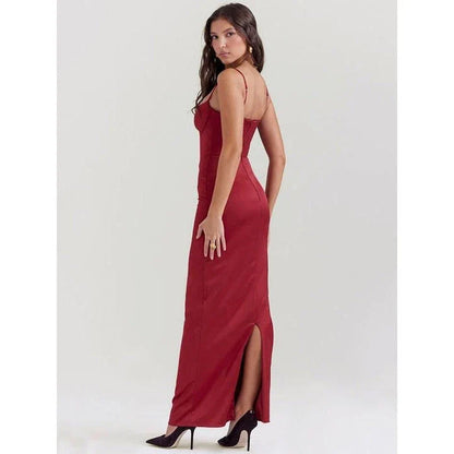 Elegant satin backless bodycon maxi dress in a sleek sheath silhouette with a natural waistline and ankle-length cut