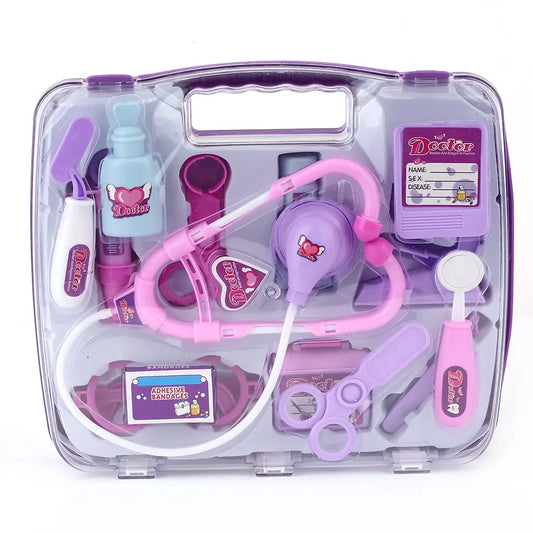 A colourful educational pretend doctor set toy for children, including a stethoscope, thermometer, and other medical equipment