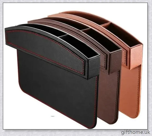 A premium leather and plastic car seat slot storage box for organising mobile phones, keys, and other small items
