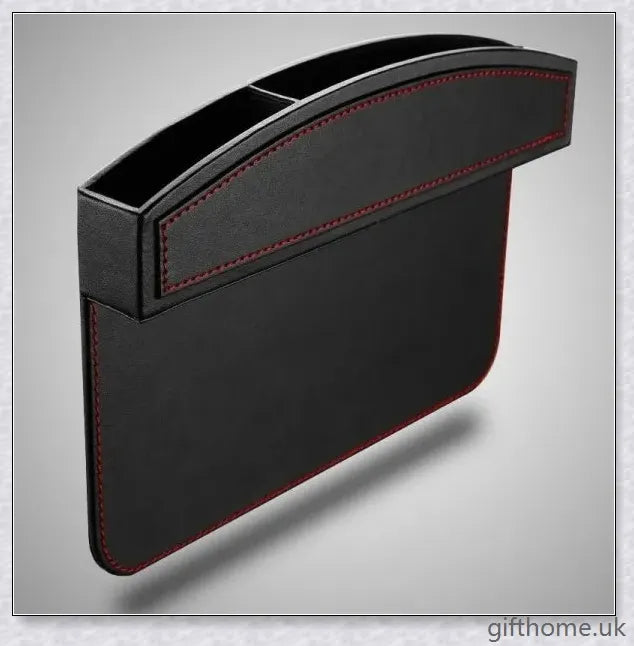 A premium leather and plastic car seat slot storage box for organising mobile phones, keys, and other small items