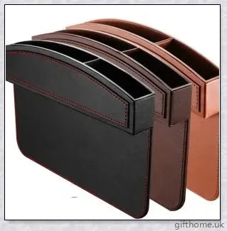 A premium leather and plastic car seat slot storage box for organising mobile phones, keys, and other small items