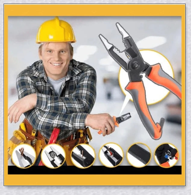 Silver Multifunctional Electrician Pliers (6-in-1) with a compact, durable design for cutting, stripping, deburring, gripping, and crimping a variety of materials