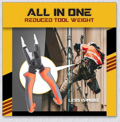 Silver Multifunctional Electrician Pliers (6-in-1) with a compact, durable design for cutting, stripping, deburring, gripping, and crimping a variety of materials