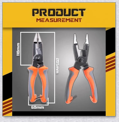 Silver Multifunctional Electrician Pliers (6-in-1) with a compact, durable design for cutting, stripping, deburring, gripping, and crimping a variety of materials