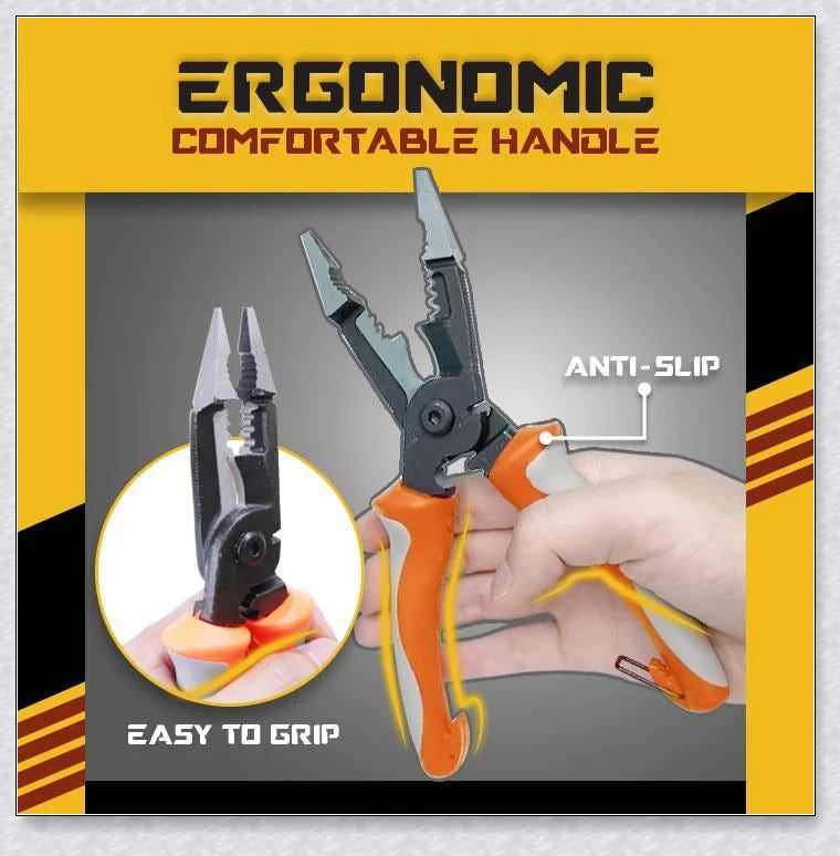 Silver Multifunctional Electrician Pliers (6-in-1) with a compact, durable design for cutting, stripping, deburring, gripping, and crimping a variety of materials