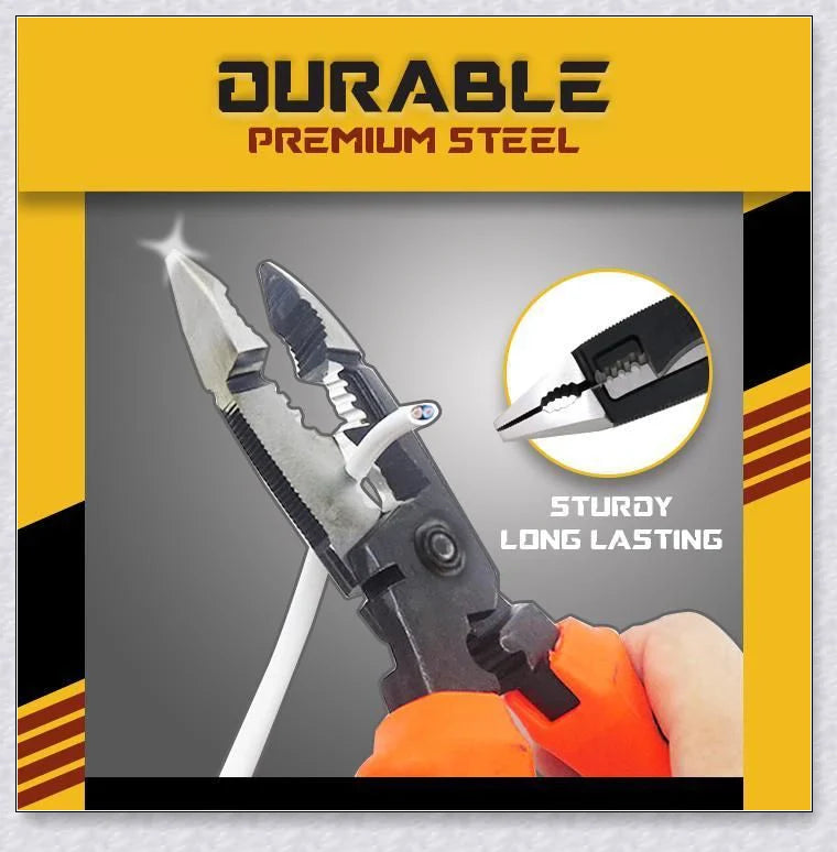 Silver Multifunctional Electrician Pliers (6-in-1) with a compact, durable design for cutting, stripping, deburring, gripping, and crimping a variety of materials