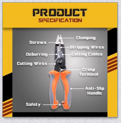 Silver Multifunctional Electrician Pliers (6-in-1) with a compact, durable design for cutting, stripping, deburring, gripping, and crimping a variety of materials