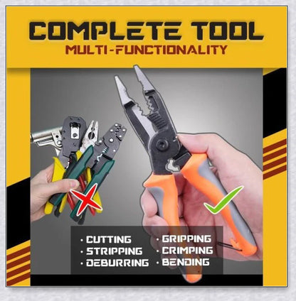Silver Multifunctional Electrician Pliers (6-in-1) with a compact, durable design for cutting, stripping, deburring, gripping, and crimping a variety of materials