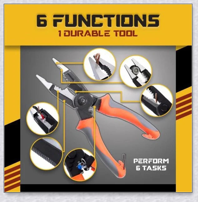 Silver Multifunctional Electrician Pliers (6-in-1) with a compact, durable design for cutting, stripping, deburring, gripping, and crimping a variety of materials