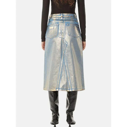 A high-waisted A-line denim skirt with a glossy finish and patchwork pattern, perfect for summer fashion.