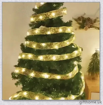 Christmas Ribbon Fairy Lights with warm LED lights, available in gold and silver colours, create a magical holiday ambiance