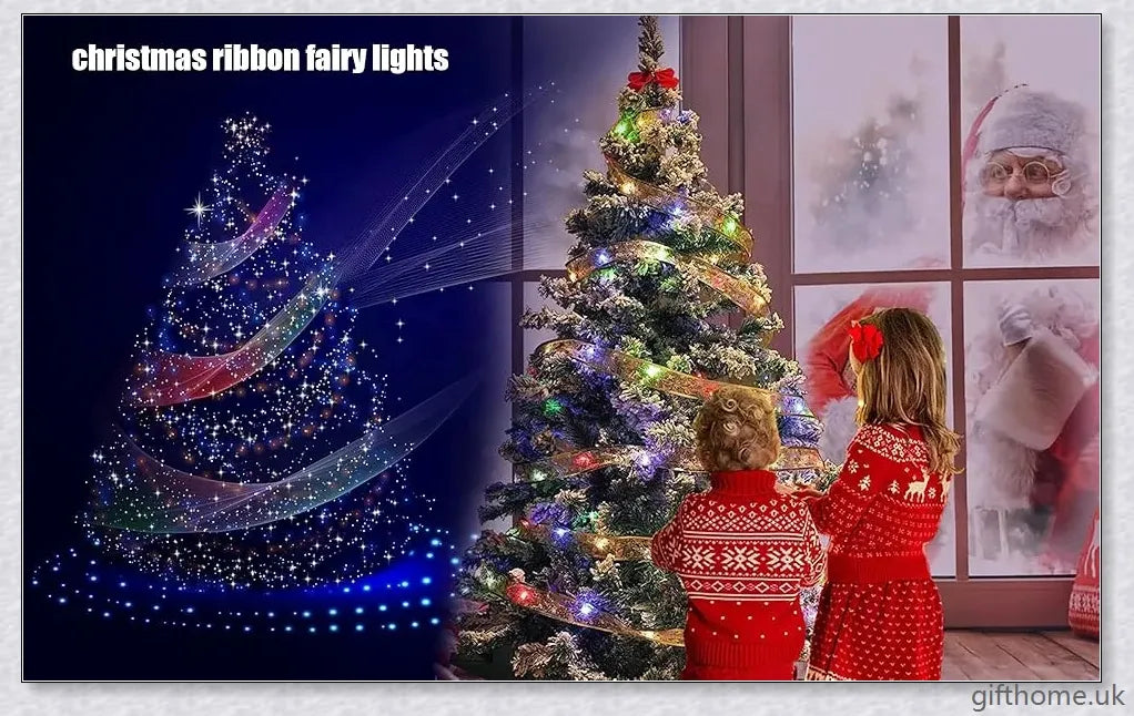 Christmas Ribbon Fairy Lights with warm LED lights, available in gold and silver colours, create a magical holiday ambiance