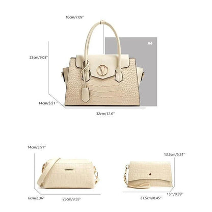 Elegant alligator pattern tote and crossbody bag set with clutch in black, brown, and navy colours