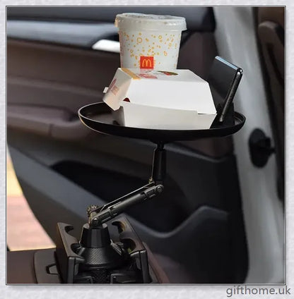 A versatile car tray with 360-degree rotating design, drink holder, and platform for food or mobile devices
