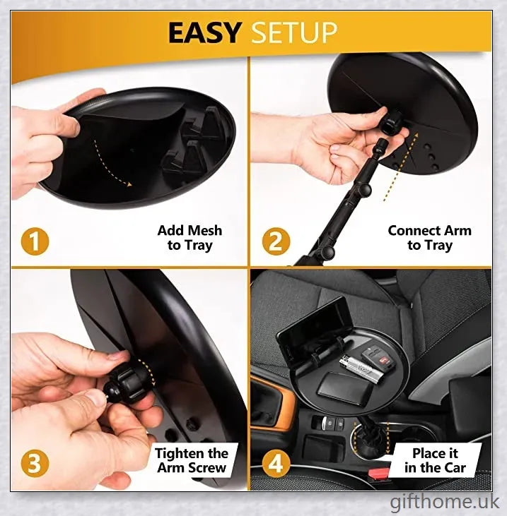 A versatile car tray with 360-degree rotating design, drink holder, and platform for food or mobile devices