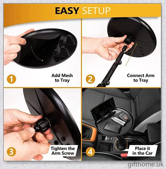 A versatile car tray with 360-degree rotating design, drink holder, and platform for food or mobile devices